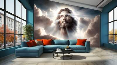 God face portrait in the clouds, Jesus Christ religious background, AI generated Wall mural