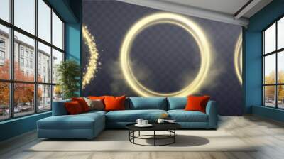 Gold magic ring with glowing. Neon realistic energy flare halo ring. Abstract light effect on a dark transparent background. Vector illustration. Wall mural