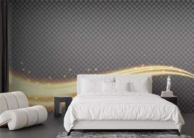 Golden swoosh, magic wave. Gold trail isolated on transparent background. Luminescent waved trail with bright bokeh and sparkles. Swoosh with stradust. Wall mural