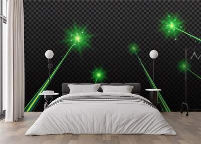 Green laser beam. Laser rays, green lighting effect on transparent black background. Wall mural