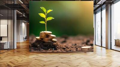 Green plant growing on coins on nature background. Savings, investment, interest and economic growth concept. Copy space Wall mural