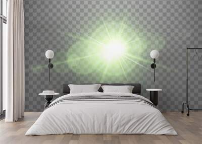 Green sunlight lens flare, sun flash with rays and spotlight. Glowing burst explosion on a transparent background. Vector illustration Wall mural