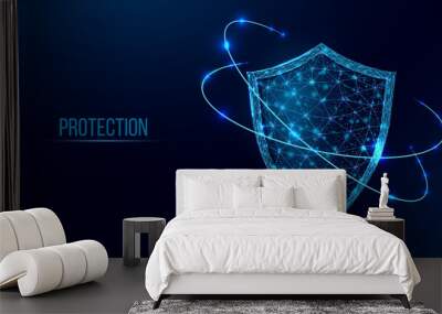 Guard shield. Cyber security concept with glowing low poly shield on dark blue background. Wireframe low poly design. Abstract futuristic vector illustration Wall mural