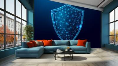 Guard shield. Cyber security concept with glowing low poly shield on dark blue background. Wireframe low poly design. Abstract futuristic vector illustration Wall mural