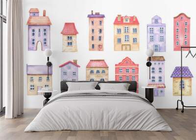 Hand drawn watercolor European city houses set. Hand drawn building facade isolated on white background Wall mural