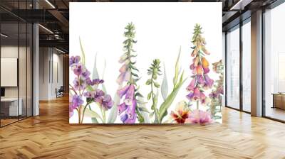 Hand drawn watercolor illustration botanical flowers leaves. Willow eucalyptus, foxglove snapdragon lupin, pink lobelia jasmine, bergenia heliotrope. Seamless banner isolated on white. Wedding, cards Wall mural