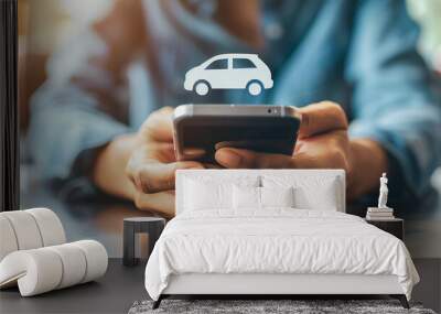 Hands with phone and car icon above it. Buy or rent auto online. Call a cab. Technology in transportation Wall mural