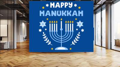 Hanukkah flat vector illustration isolated on a blue background. Traditional jewish holiday greeting card design with happy hanukkah congratulation Wall mural