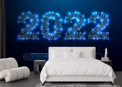 Happy new year 2022 greeting card. Low poly style design. Numbers from a polygonal wireframe mesh. Abstract vector illustration on dark background. Wall mural