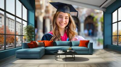 Happy smiling female student in gown and graduation hat holding piggy bank on campus background. Saving money to pay for college or university education concept Wall mural