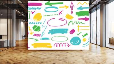 Highlighter vector marks, pen different lines and symbols, arrows . Permanent marker for text selection, isolated doodle strokes set. Wall mural