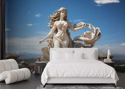 Holy goddess of love antique monumental statue, a beautiful woman, white marble, cinematic, blue sky background. AI Generative Wall mural