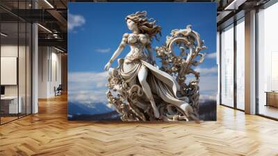 Holy goddess of love antique monumental statue, a beautiful woman, white marble, cinematic, blue sky background. AI Generative Wall mural