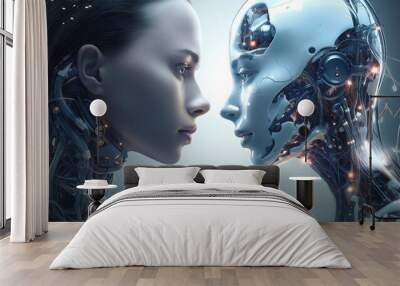 Humanoid woman and robot couple, LGBT concept. Beautiful futuristic humanoid android womans, romantic relationships. Love AI Generated Wall mural