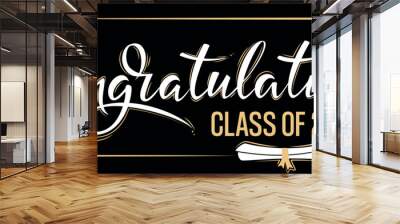 Congratulations Class of 2024 greeting sign on dark background. Academic cap and diploma. Congratulating banner. Handwritten brush lettering. Isolated vector text for graduation design, greeting card Wall mural