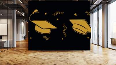 Graduation border with the square academic cap high into the air on white background. Graduate hats in the air gold confetti. Flat vector illustration on the black. Grad party horizontal poster Wall mural