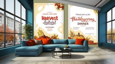 Set of Thanksgiving greeting cards and invitations with pumpkins, leaves, handwritten lettering. Vector illustration for a Thanksgiving dinner, harvest festival. Template for poster, banner, cards Wall mural