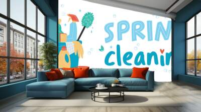 Spring cleaning concept. Hand drawn bucket with cleaning supplies, bottles, brush, spray, sponge, gloves. Housework concept. Various Cleaning items. Isolated Vector illustrations Wall mural