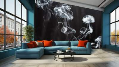 Image of backlit puffs of smoke, on a dark background. Wall mural