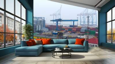 Industrial container freight Trade Port scene in foggy cloudy day Wall mural