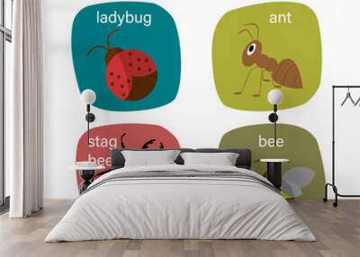 Insects Game Flashcards for Preschool Children. Educational worksheet for kids. Ladybug, stag beetle, bee, ant. Wall mural