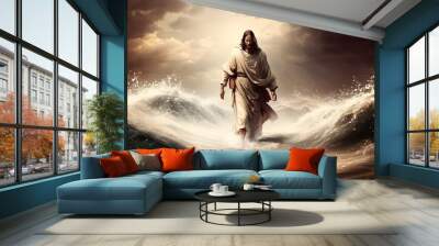 Jesus Christ walking on the water on the sunset, AI generated Wall mural