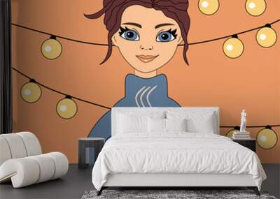 Nice beautiful girl with a cup of coffee vector illustration art cartoon lovely person Wall mural