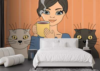 Nice cute beautiful girl with cup of coffee and cat vector illustration cartoon character  Wall mural