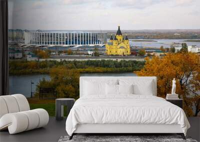 Autumn view of the ancient Russian city of Nizhny Novgorod at the confluence of the two rivers Oka and Volga Wall mural