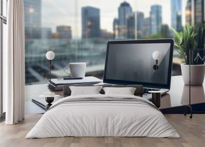 Laptop on a desk in office with a view Wall mural