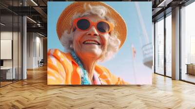 Lifestyle portrait of eccentric elderly woman in colorful orange outfit on boat vacation, Generative AI Wall mural