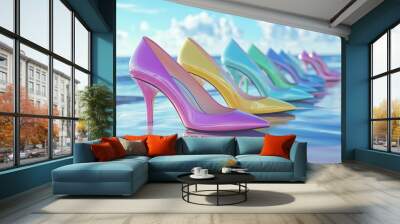 line high heels, the ocean in background, pastel colors, close up, glamour magazine concept, sale banner Wall mural