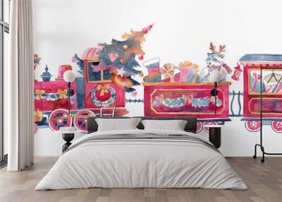 Watercolor steam train with christmas gifts. Wall mural