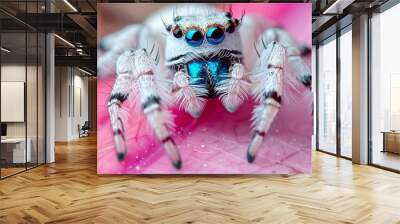 Macro close-up of a jumping spider with bright eyes and long legs crawling on a surface in nature. Bright colors. Wall mural