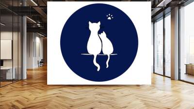 Two white cute cats on blue background. Handmade vector illustration for your design.  Wall mural