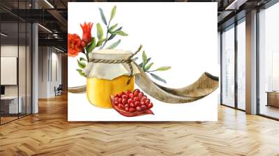 Happy Rosh Hashanah greeting banner template with honey jar, pomegranate fruit, flowers and leaves, long shofar horn watercolor illustration isolated on white for Jewish new year and yom kippur Wall mural