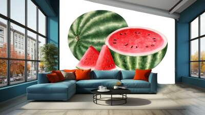 Realistic watermelons whole, half and slices watercolor illustration isolated on white background. Red and green ripe fruit berries for summer desserts. Natural food for healthy menus Wall mural