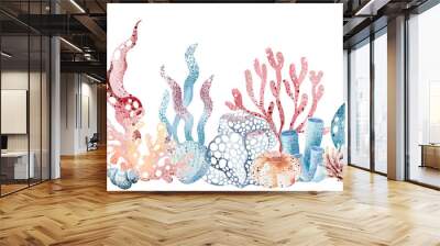 marine seamless border of underwater marine animals and plants octopus, seahorses, crabs, starfish, jellyfish. Marine inhabitants of the underwater world. Sea border isolated on white background Wall mural