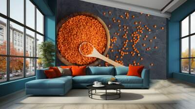 Red raw organic bio lentils in a wooden bowl with a wooden spoon stuck in it on a dark background. Place for text Wall mural