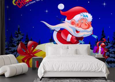 Merry christmas and a happy new year. Congratulation. Illustration. Funny Santa on skis. Blue background. Wall mural