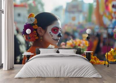 Mexican woman with painted face in the streets of the city during the celebration of the day of the dead, concept of national holidays, day of the dead and traditional values Wall mural