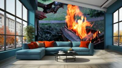 Flaming fire wood in the open fire. Man puts wood into  barbeque grill fire  outdoors.  Male's hand with firewood. Wall mural