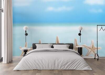 5 stars fish, white starfish with ocean, boat, white sand beach, Wall mural