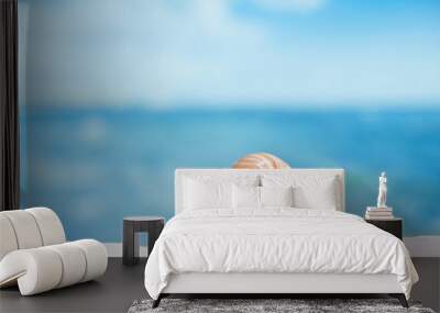 nautilus shell  on white  beach sand and blue seascape backgroun Wall mural