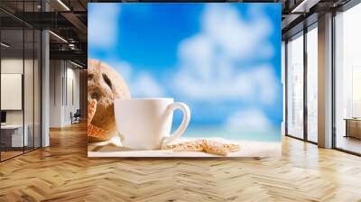 white espresso coffee cup with ocean , seashell, beach and seasc Wall mural