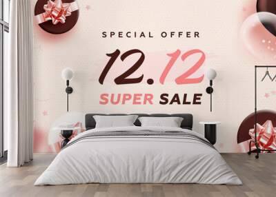 1212 mega sale horizontal banner with realistic balloons and gift box on pink background. Vector illustration Wall mural