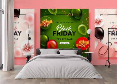 Set of black friday square sale banner with realistic glossy balloons, gift box and discount text. Vector illustration Wall mural