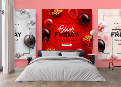 Set of black friday square sale banner with realistic glossy balloons, gift box and discount text. Vector illustration Wall mural