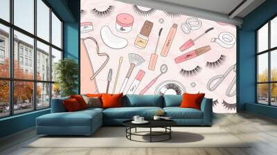 Set of hand drawn fake eyelashes and eyelash extension tools isolated on background. Vector illustration Wall mural