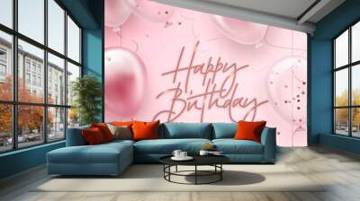 Vector birthday elegant greeting card or banner with golden, pink and white balloons and falling confetti. Vector illustration Wall mural